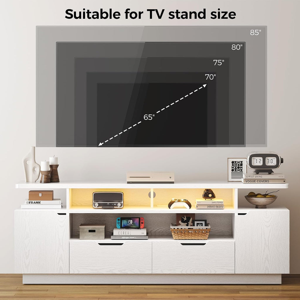 IRONCK TV Stand for TVs 85 inch with Power Outlet and LED Lights, Entertainment Center with Storage Cabinets, Media TV Console with Drawers, Modern TV Stand for Living Room, White