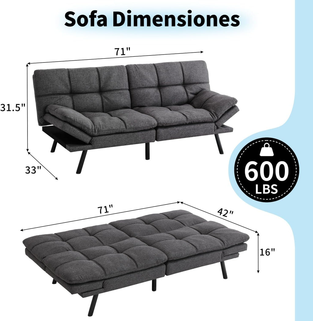 MUUEGM 71' Convertible Futon Sofa Bed, Upholstered Small Futon Couches with Adjustable Backrest, Loveseat Sleeper Bed for Compact Living Room Studio Office (Grey)