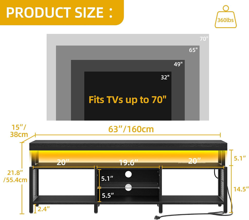 DWVO Living Room TV Stands for 70/65 inch TV LED Entertainment Center with Storage, Modern Television Stand, Industrial Media Console Cabinet with Power Outlets, Black