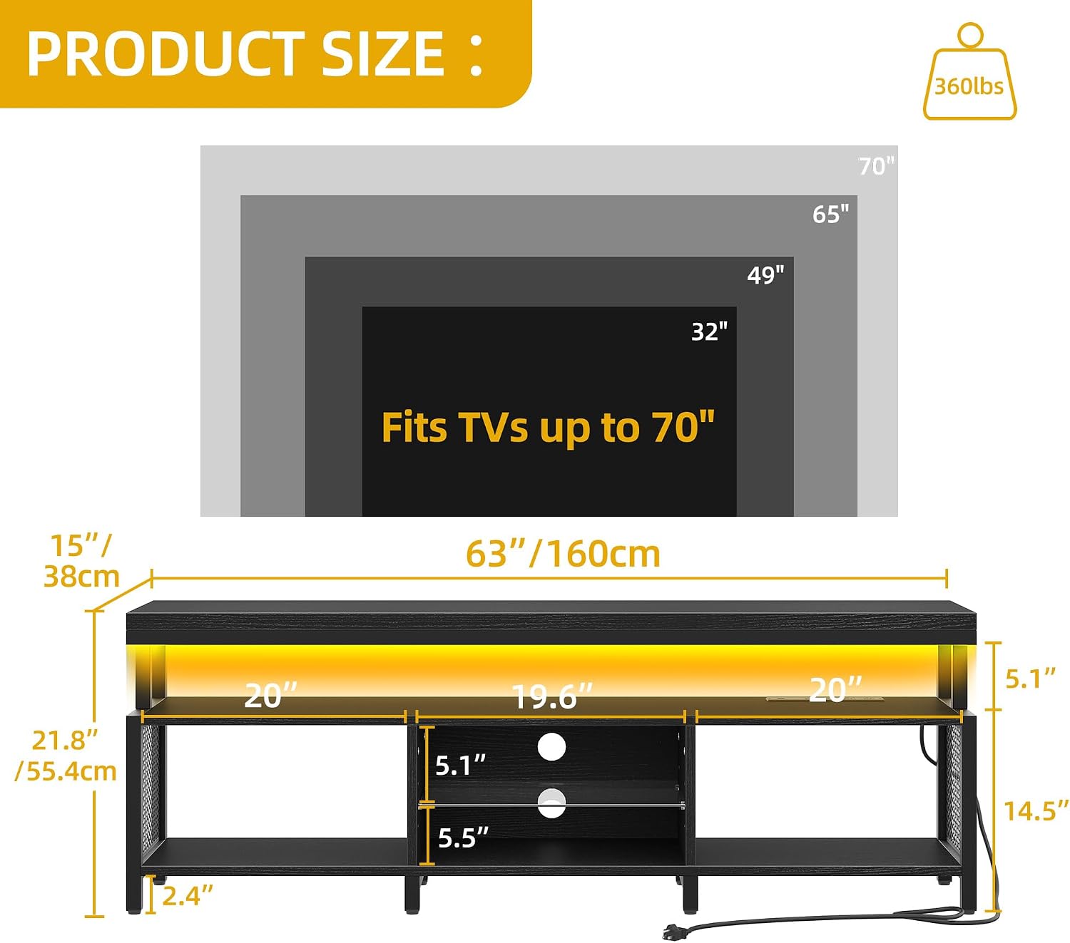 DWVO Living Room TV Stands for 70/65 inch TV LED Entertainment Center with Storage, Modern Television Stand, Industrial Media Console Cabinet with Power Outlets, Black