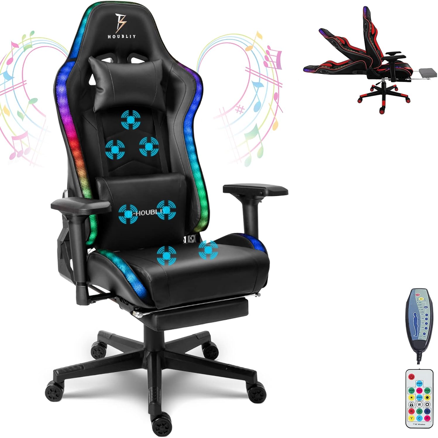 Ergonomic Gaming Chair PU Leather Computer Chair for Teens Adults High Back Racing Office Desk Chair with Speakers and LED Lights 7-Point Massage, Footrest Headrest and Lumbar Support,Black