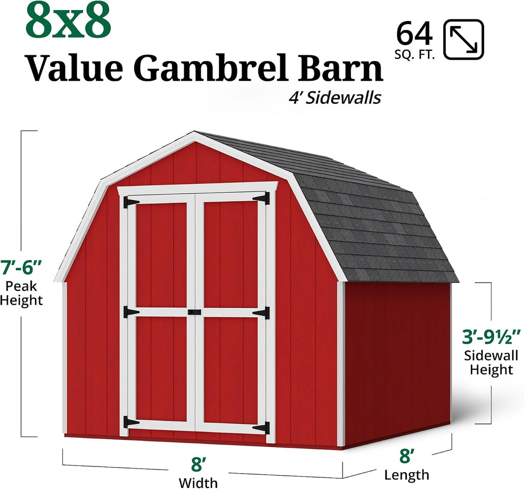 Little Cottage Co. 8x8 Value Gambrel Barn with 4 ft. Sidewalls with Floor, Outdoor Wood Storage Shed Do-It-Yourself Precut Kit
