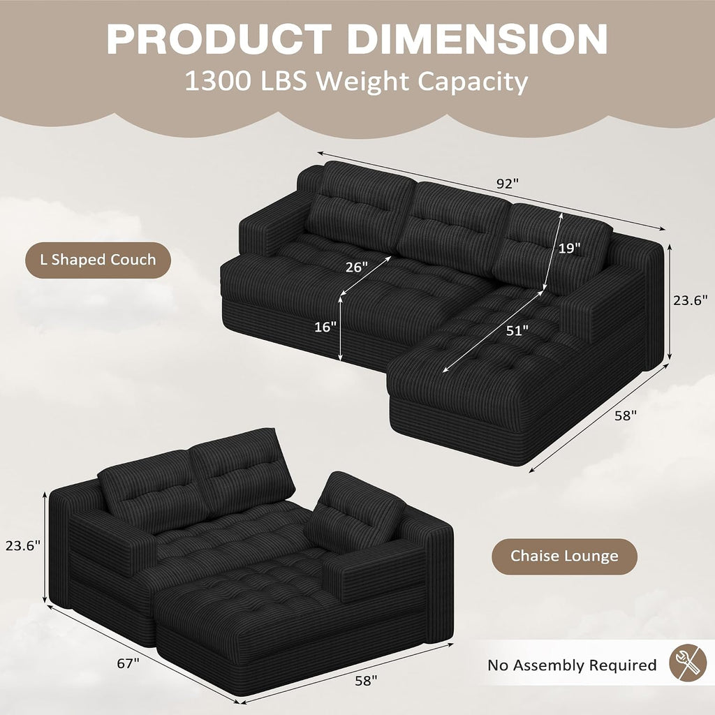 Boneless Couch, 2026 New Boneless Sectional Couch with Deep Seat & Chaise for Small Spaces, Upholstered Cloud Couch Sectional Boneless Couches for Living Room, No Assembly, Right Facing Chaise, Black