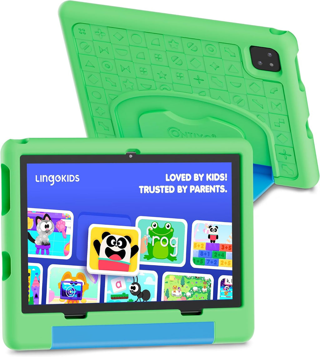 Contixo A10 Kids Tablet with 14 Apps, Lingokids & Epic, 10.1' HD Screen, Android 15, Parental Controls, WiFi, 4+64GB Storage, al Tablet for Kids Ages 3-12, Boys & Girls Gift, Green