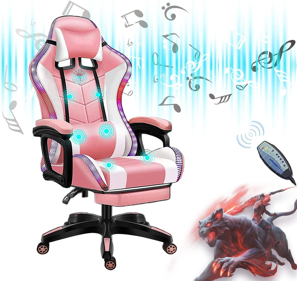 Gaming Chair for Adult with Footrest and Massage, Video Game Chair with Speakers and RGB LED Lights, PU Leather, Ergonomic Racing Computer Chairs with Lumbar Support and Armrest,Pink