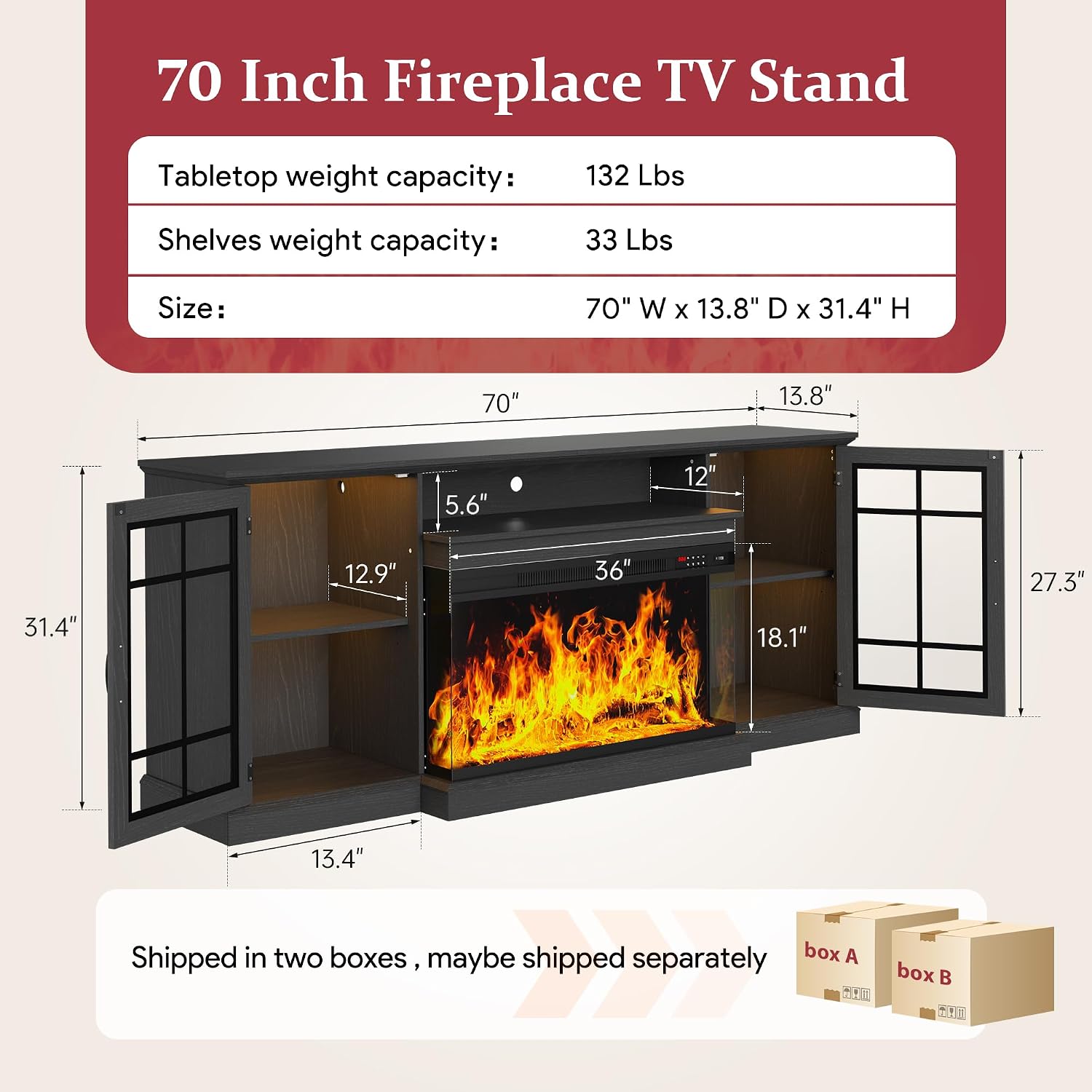 MXV 70'' Fireplace TV Stand, Farmhouse Entertainment Center with 3 Sided Glass TV Stand, Modern Media Console Table with Storage Drawers & Cabinets with LED Flame and Lights for Living Room, Black