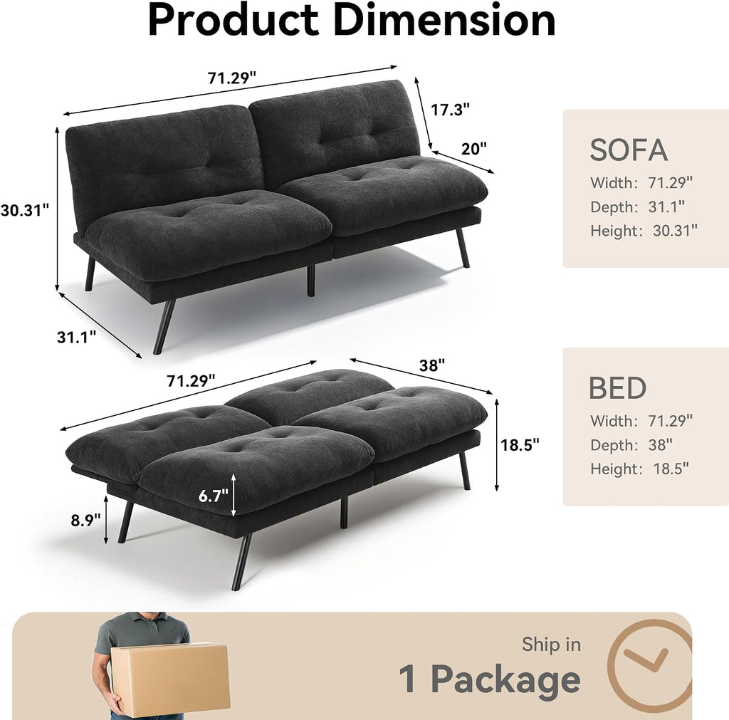Convertible Futon Sofa Bed with Adjustable Backrest & Detachable Cushions – Plush Terry Cloth Fabric Futon Couch Bed, Morden Folding Loveseat for Living Room,Office,Apartment,Retro Black