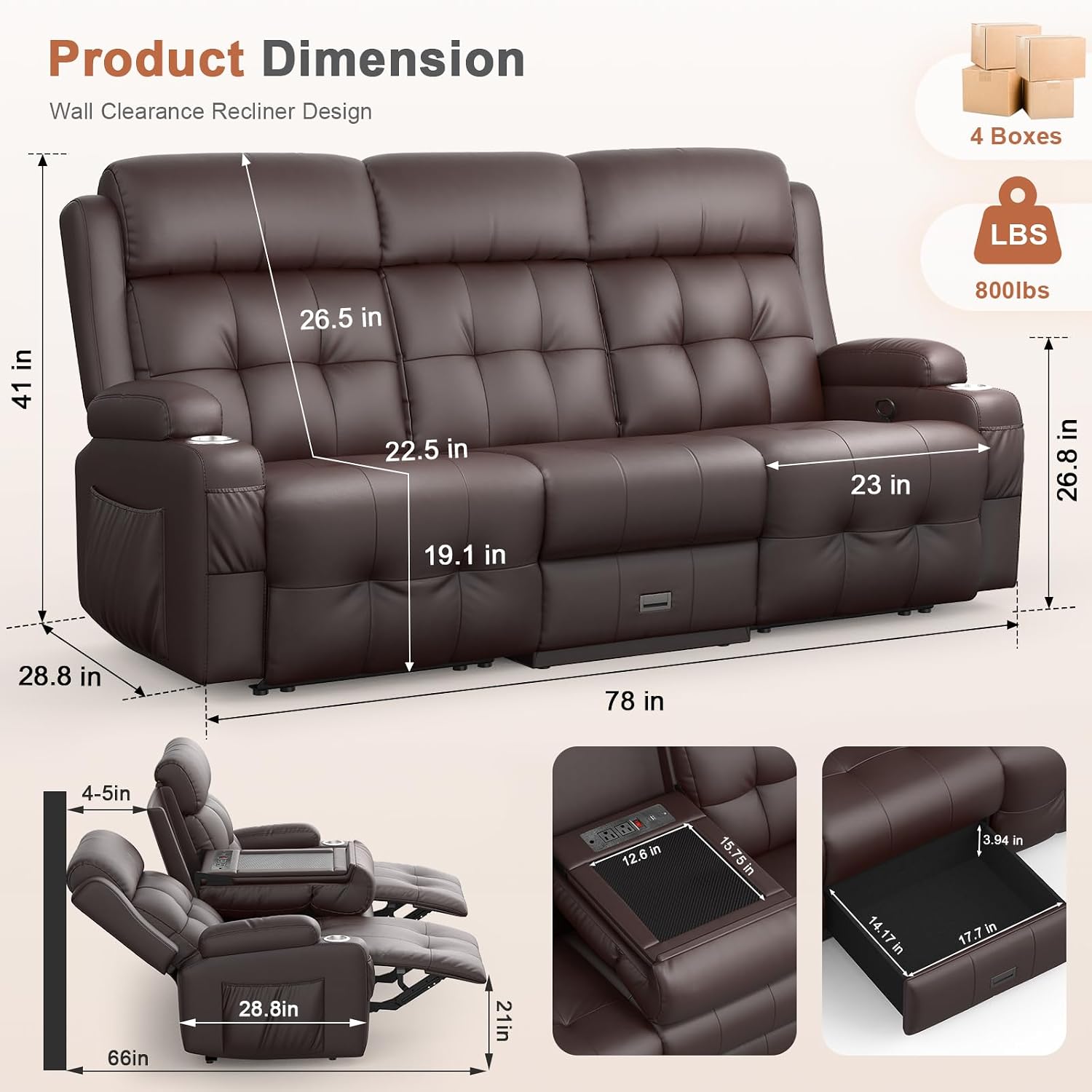 RV Loveseat Recliner Sofa, Built-in Power Strip, Massage Wall Hugger 3-Seater Recliners Couch, Flip Middle Backrest, Drawer & Cup Holder, Reclining Sleeper Sofa, 150° Recline for RV & Living Room