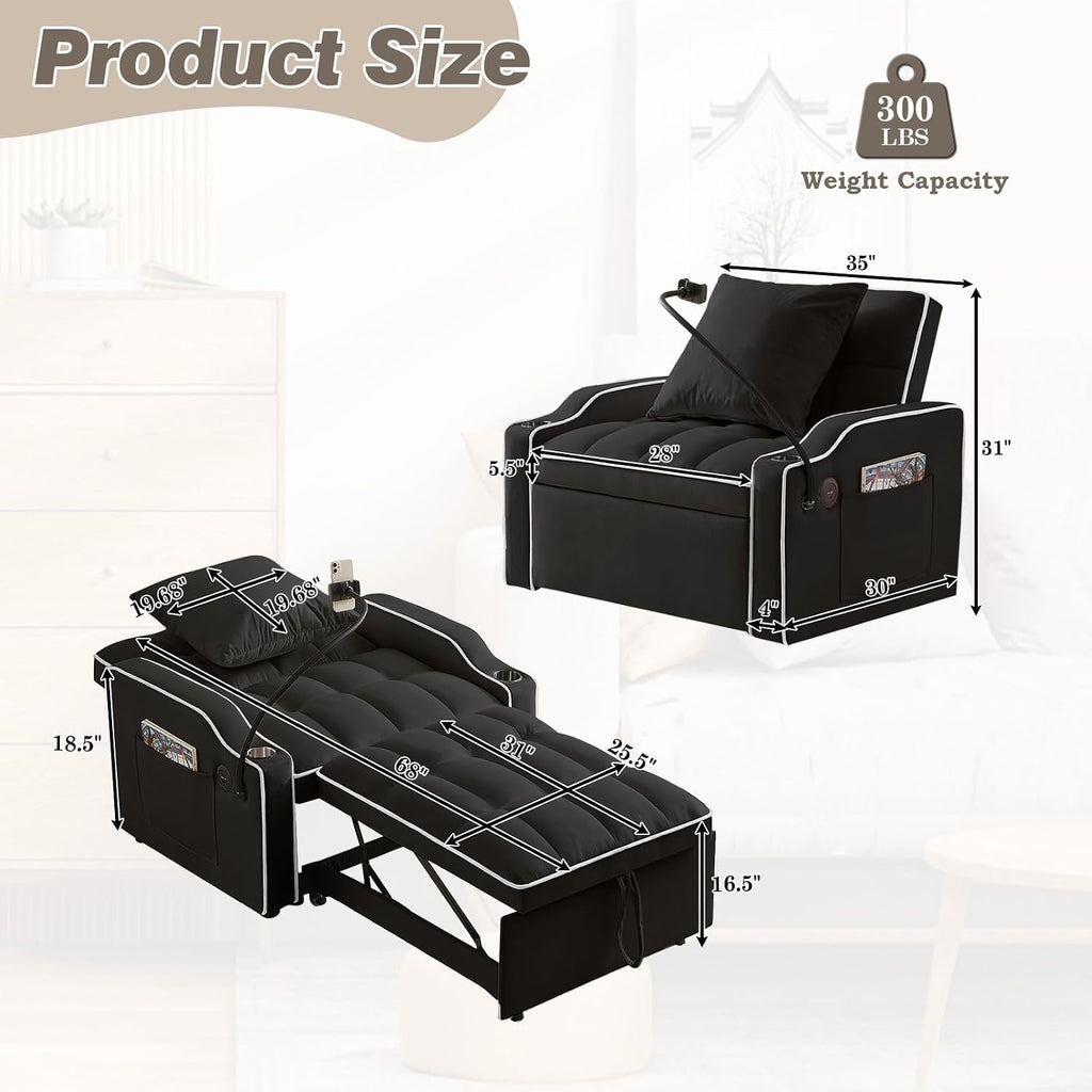 Convertible Sleeper Sofa Chair Bed, 3 in 1 Velvet Single Small Futon Sofa Bed with Phone Holder & USB Ports,Pull Out Couch Recliner with Adjustable Backrest for Living Room, Office, Small Place(Black)