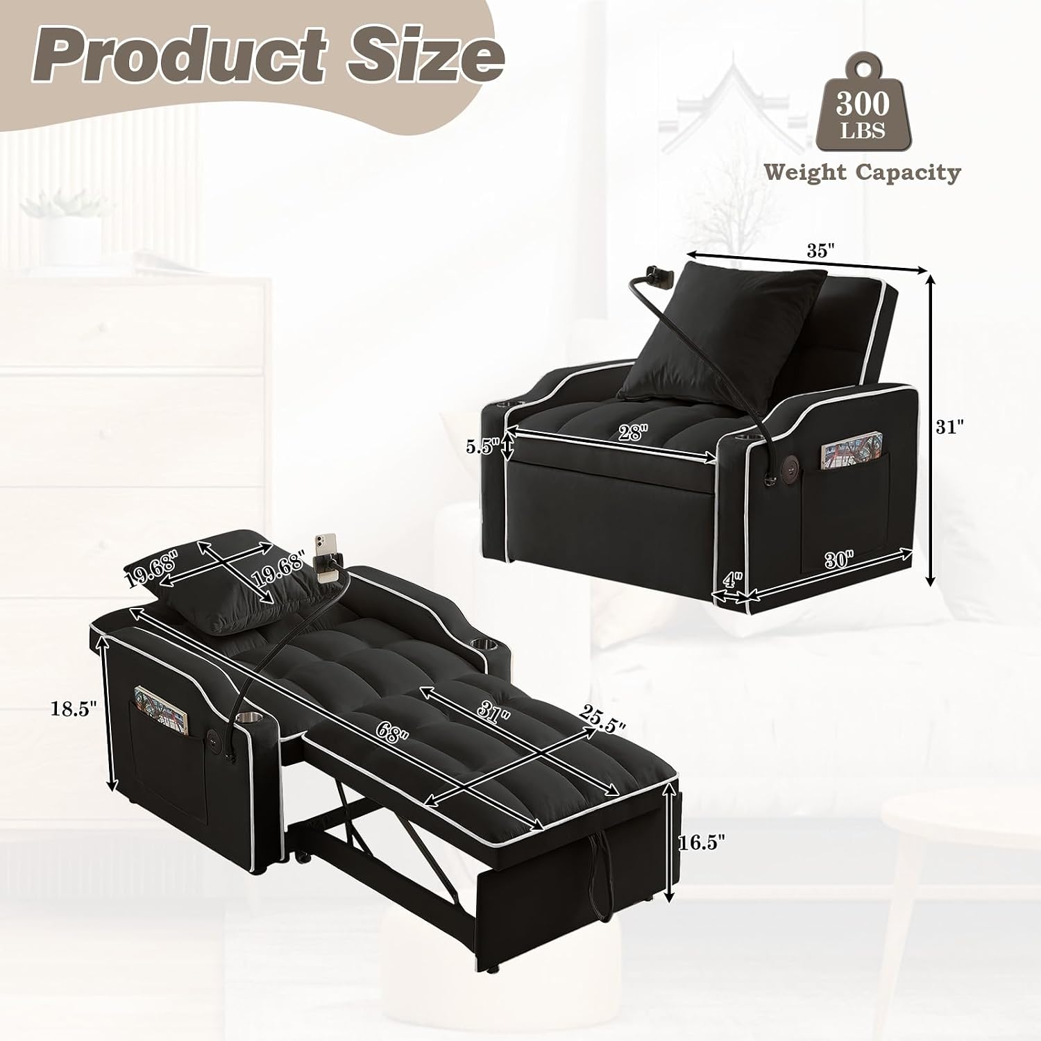 Convertible Sleeper Sofa Chair Bed, 3 in 1 Velvet Single Small Futon Sofa Bed with Phone Holder & USB Ports,Pull Out Couch Recliner with Adjustable Backrest for Living Room, Office, Small Place(Black)