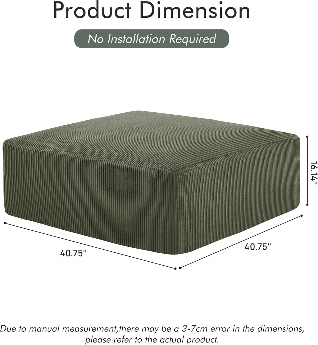 Gericco 113' Modular Sectional Couch, Cloud Boneless Sofa with Deep Seats, Upholstered Corduroy Square Stuffed Ottoman Pouf, 40 * 40 Inch Furry & Fluffy Movable Foot Stool for Living Room, Green