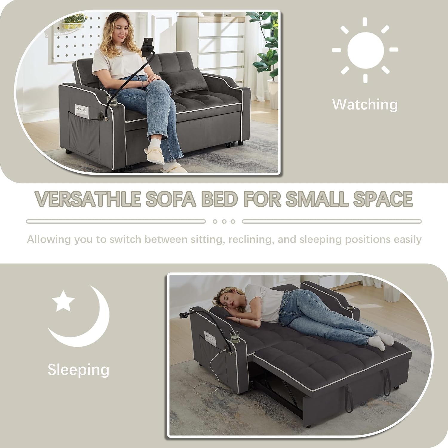 Loveseat Sofa Bed with USB Ports, Phone Holder & Cup Holders | Convertible Futon Couch for Small Spaces, Pull-Out Sleeper Sofa for Living Room & Apartments (Grey)