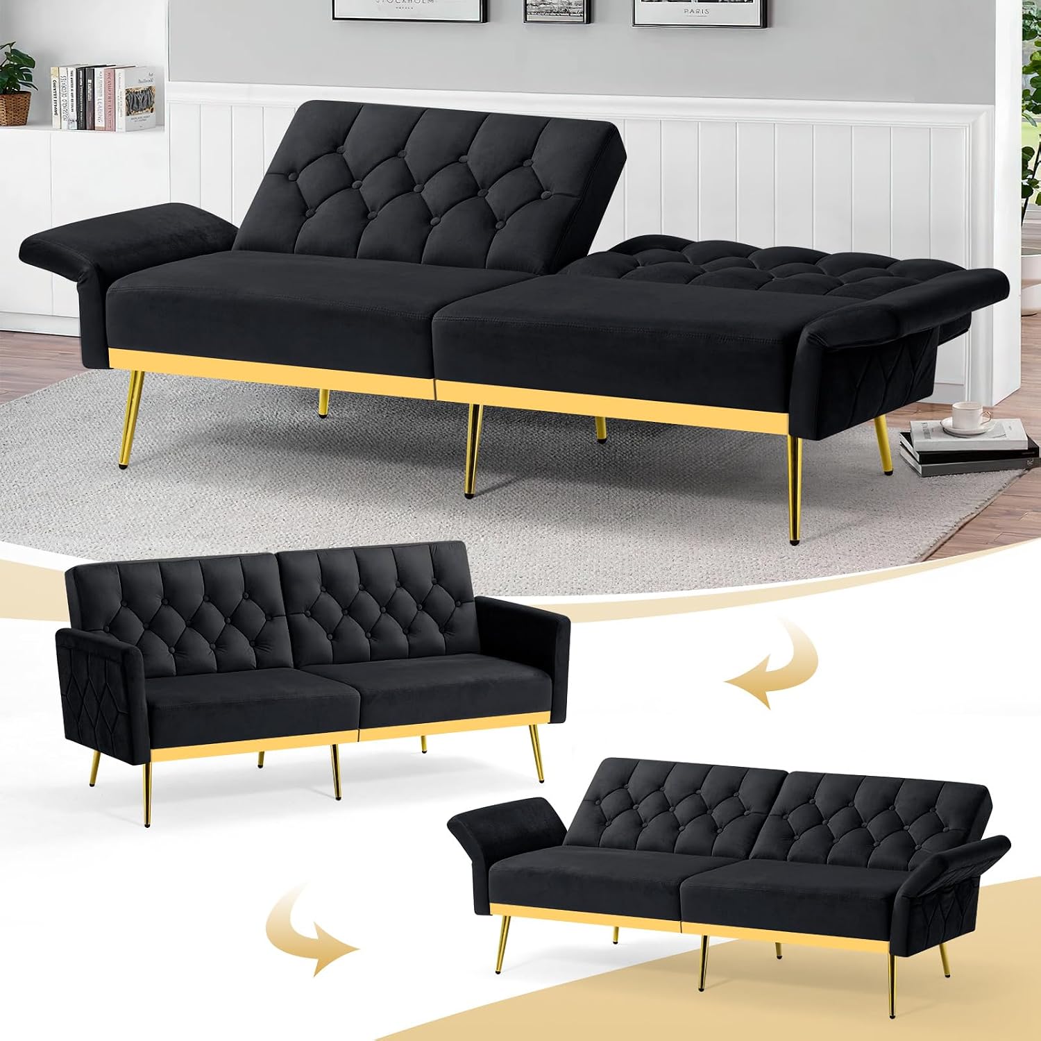 2 Pieces Velvet Sofa Set w/Adjustable Armrests and Backrests, Tufted Accent Chair w/Ottoman, Convertible Futon Sofa Bed for Bedroom, Living Room, Apartment, Black