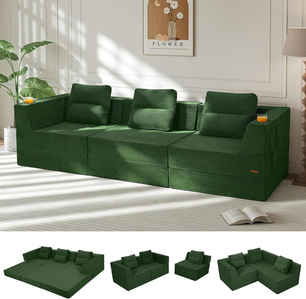COMAX Futon Sofa Bed 3 Seater, 106' Convertible Sofa Bed Couches for Living Room, 4 in 1 Folding Boneless Sleeper Corduroy Couch Foam in a Box, Comfy Foldable Lounge Fold Out Floor Mattress, Green