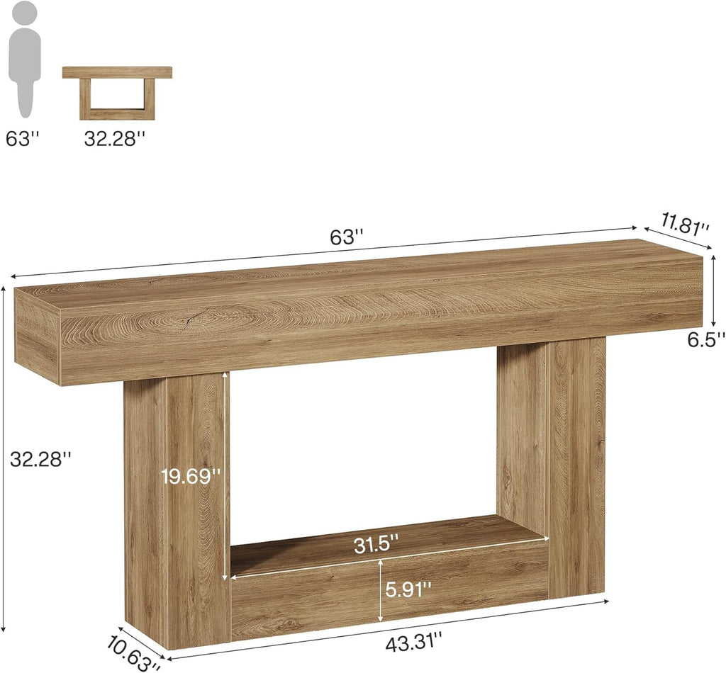 Tribesigns 63' Console Table, Farmhouse 2-Tier Entryway Table with U-Shaped Base, Narrow Long Wood Sofa Table Behind Couch Table for Living Room, Hallway, Foyer, Light Brown