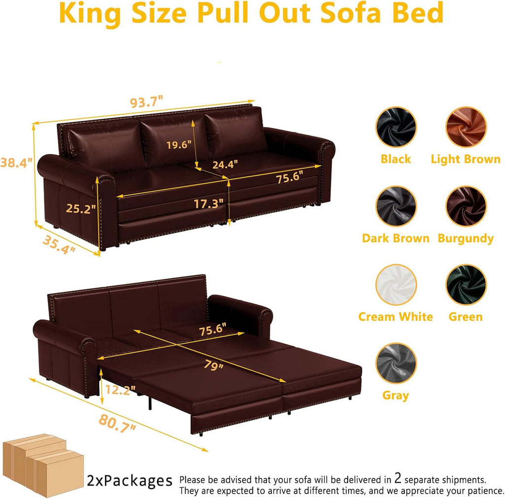 93.7' King Pull Out Sofa Bed, Faux Leather Sleeper Sofa Couch, 3 in 1 Convertible Futon Couches for Living Room, Small Space, Apartment, Office, Bedroom, Modern Rivet Armrest, Burgundy