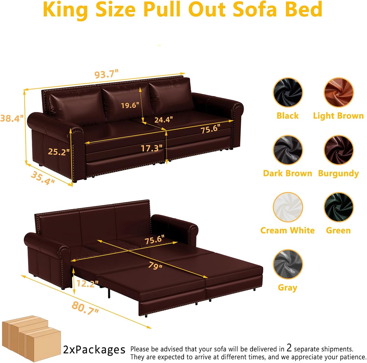 93.7' King Pull Out Sofa Bed, Faux Leather Sleeper Sofa Couch, 3 in 1 Convertible Futon Couches for Living Room, Small Space, Apartment, Office, Bedroom, Modern Rivet Armrest, Burgundy
