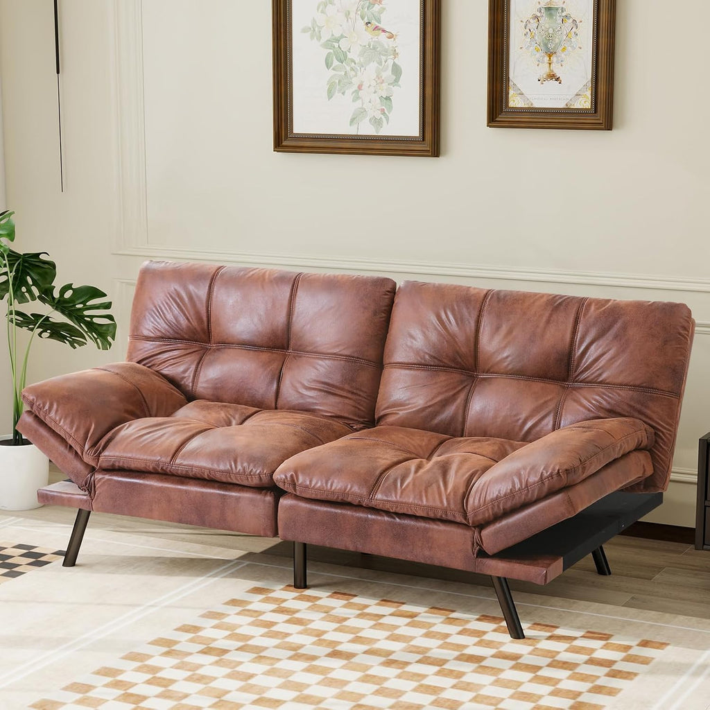 Futon Sofa Bed Convertible Couch,Memory Foam Futon Sofa Couch,Sleeper Futons Sofa Couches,Small Splitback Modern Loveseat Sofa Bed for Living Room,Office,Apartment,Faux Leather,Brown.