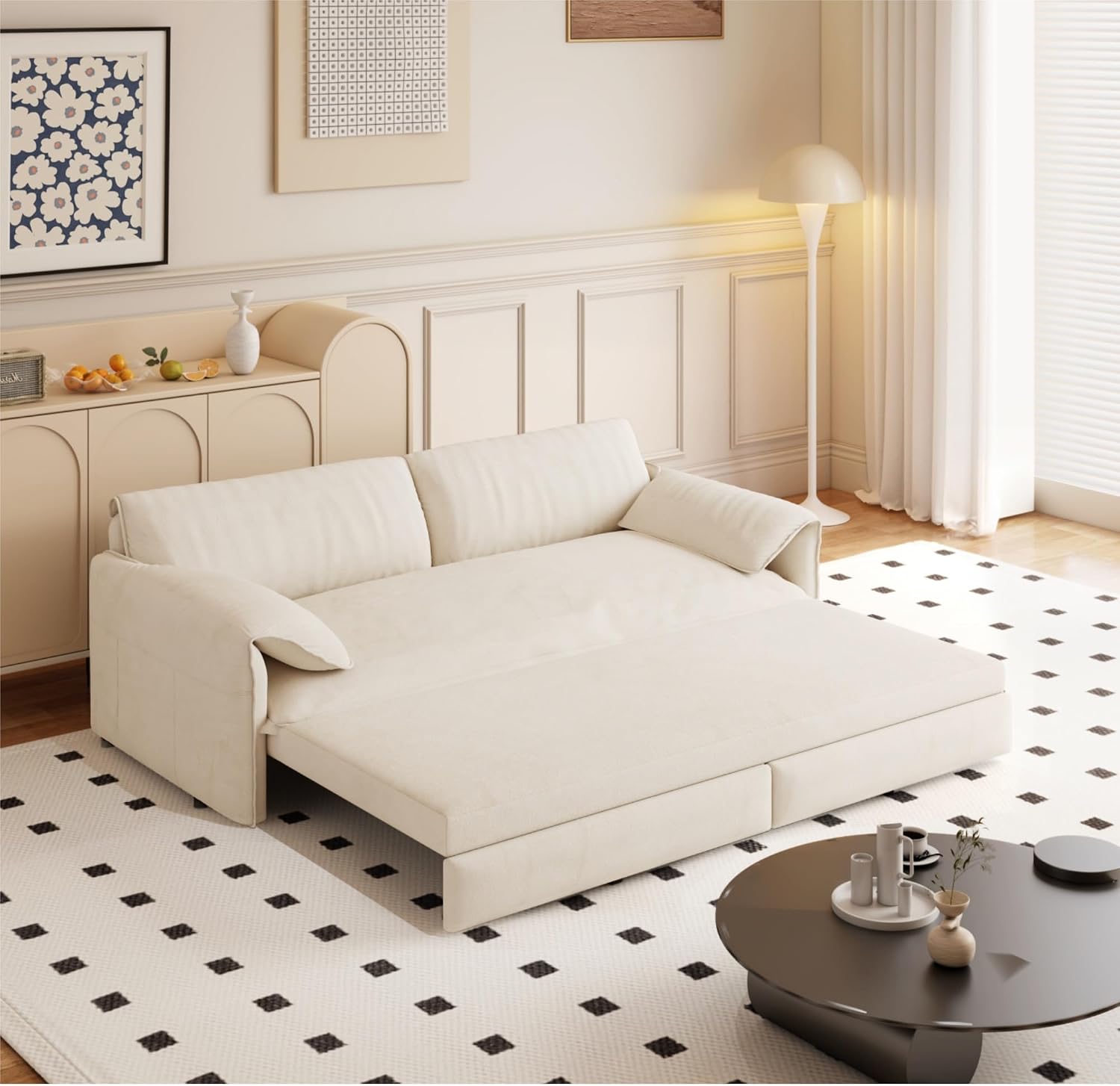 3 in 1 Convertible Queen Sleeper Sofa Bed Comfy Pull Out Futon Couch Bed 66' Modern Velvet Recliner Loveseat Sofa Multi-Functional Beige Cloud Couch for Living Room,Apartment,Office (Beige 66')