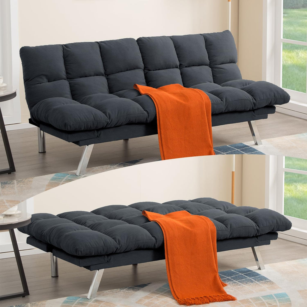 Modern Corduroy Convertible Folding Futon Couch Sofa Bed Adjustable Pillow Top Arm Memory Foam Couch Double Loveseat Sofa for Compact Living Space,Dorm,Game Studio,Apartment,Bedroom (Dark Gray)
