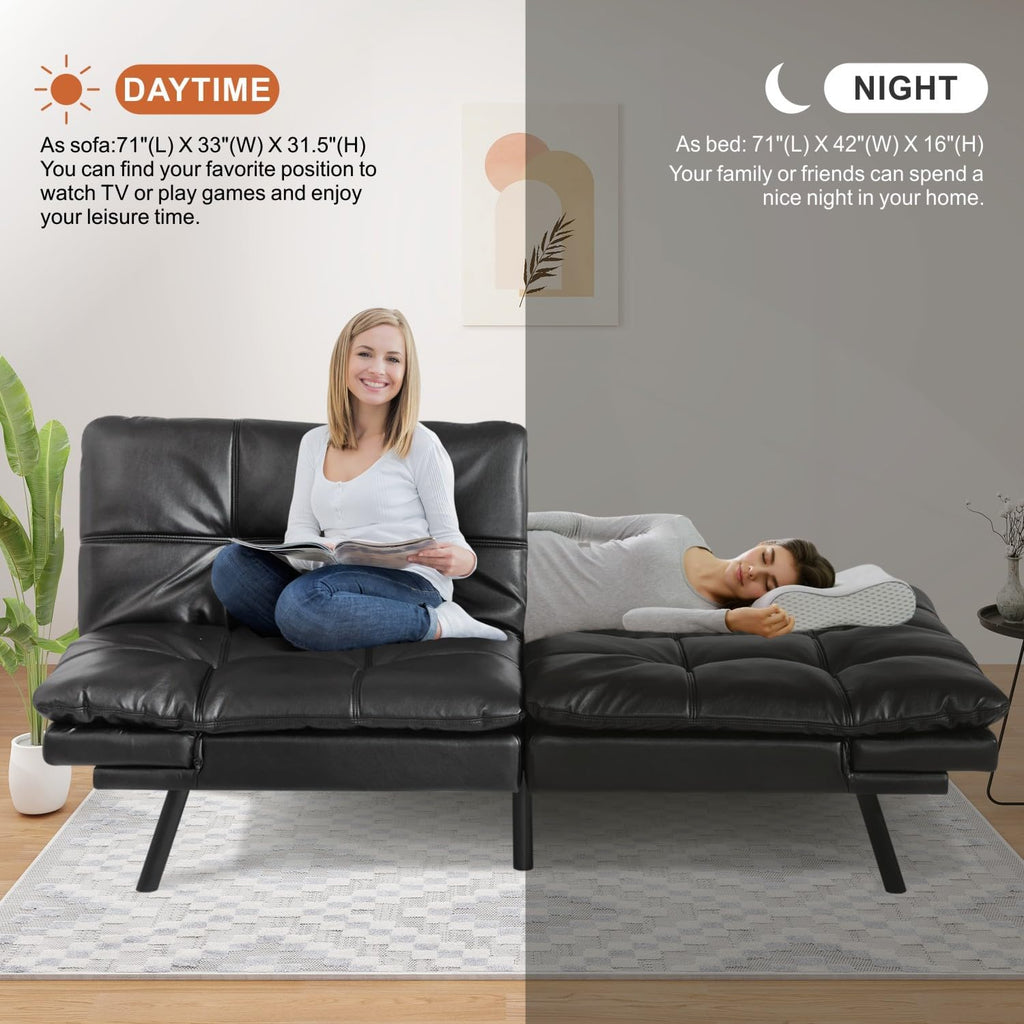 MUUEGM Futon Sofa Bed, Memory Foam Convertible Couch, Modern Loveseat, Adjustable Backrests & Armrests, Black