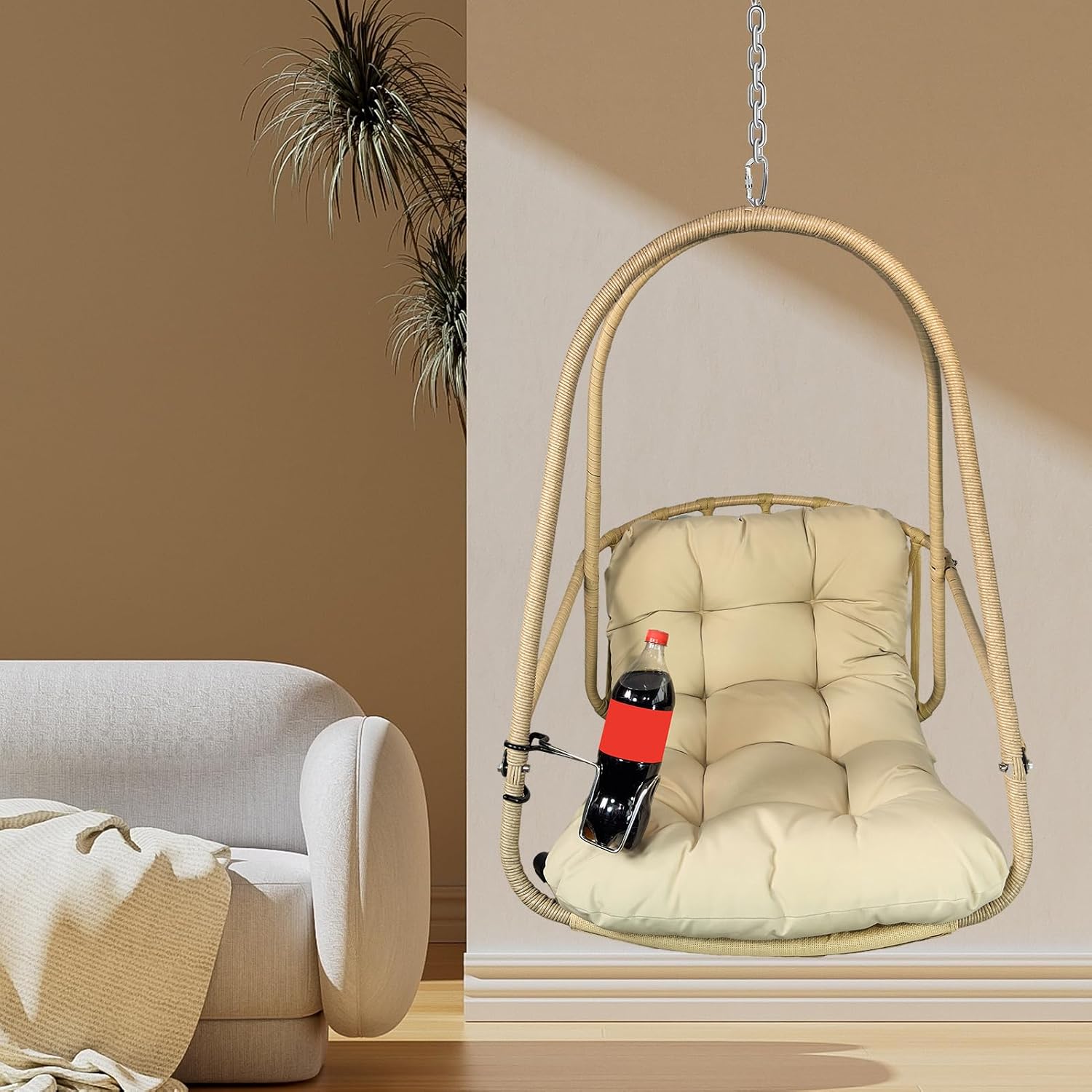 JESE Swing Egg Chair with Stand Foldable Wicker Frame UV Resistant Waterproof Cushion Hanging Chairs with Cup Holder 350lbs Capacity Swing Hammock Chairs for Patio Bedroom Indoor Outside (Beige)