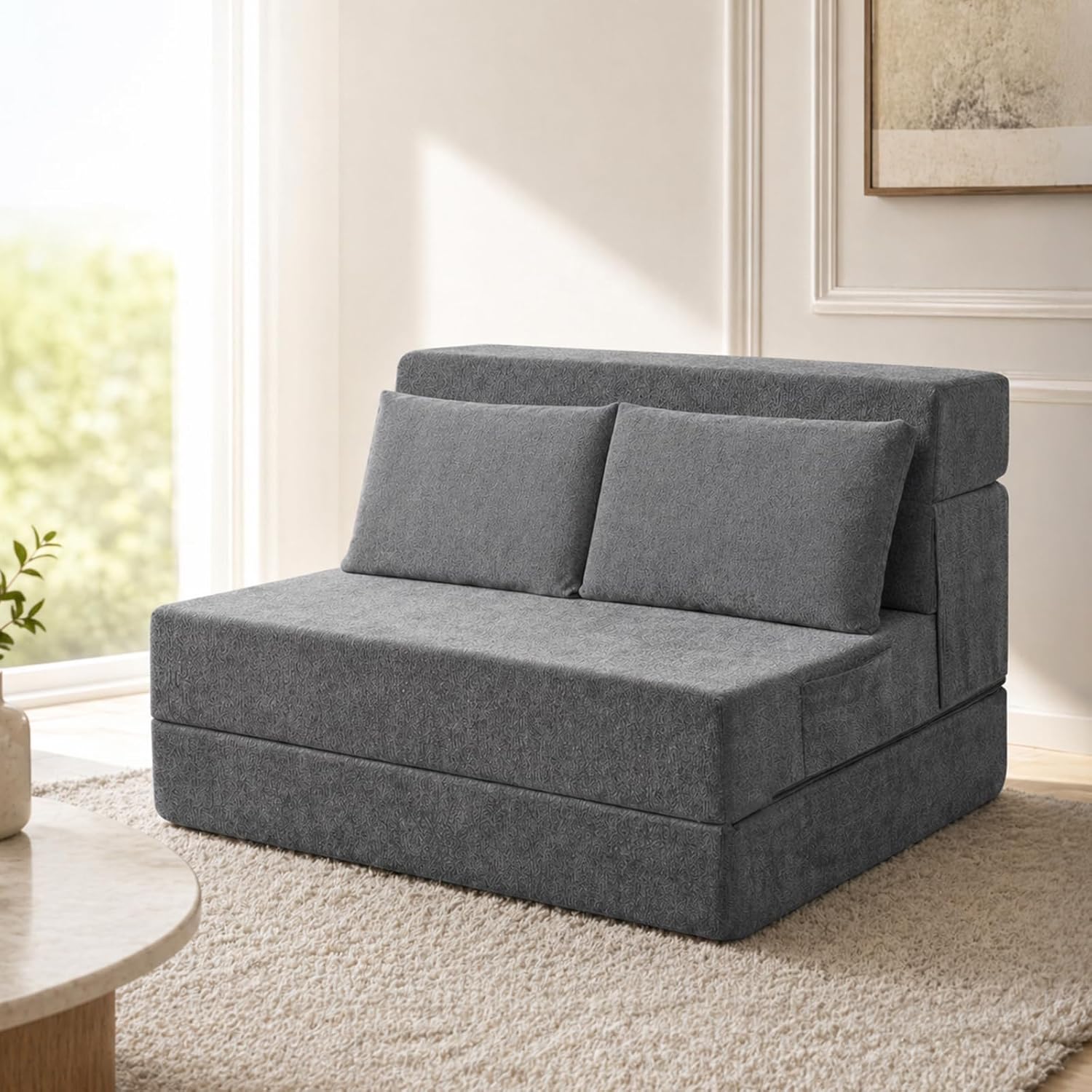 Folding Sofa Bed, Convertible Sleeper Chair with Pillow, Loveseat Fold Out Chair Bed, Memory Foam Floor Couch Mattress, Foldable Futon Couch Lounge for Living Room Guest Room (Grey, Twin)