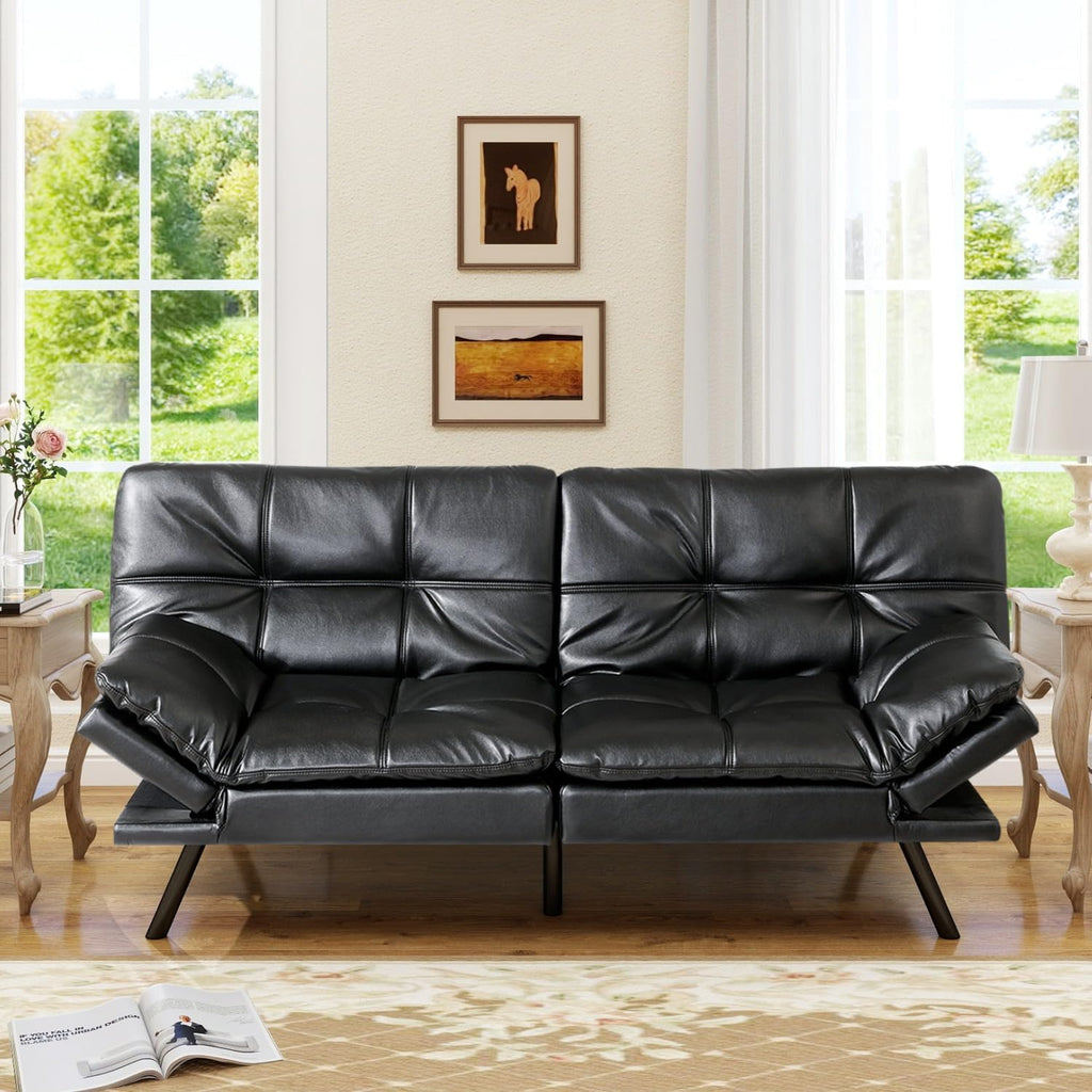 MUUEGM 71' Convertible Futon Sofa Bed, Upholstered Small Futon Couches with Adjustable Backrest, Loveseat Sleeper Bed for Compact Living Room Studio Office (Black)