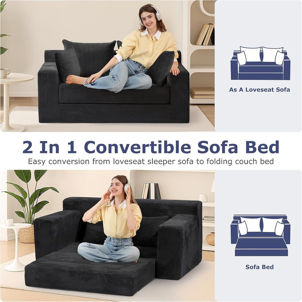 Convertible Sofa Bed, Boneless Couch Loveseat Sleeper, 2 in 1 Folding Couch Bed, Fold Out Comfy Floor Futon Sofa with Pillows for Living Room Bedroom, Black