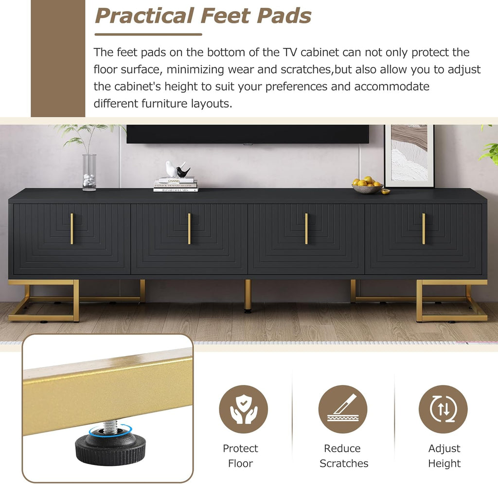 Merax Modern TV Stand with Metal Legs, Gold Handles, Geometric Lines and Adjustable Shelves for TVs Up to 80'', Media Console Table, Luxury Storage Cabinets for Living Room, Black