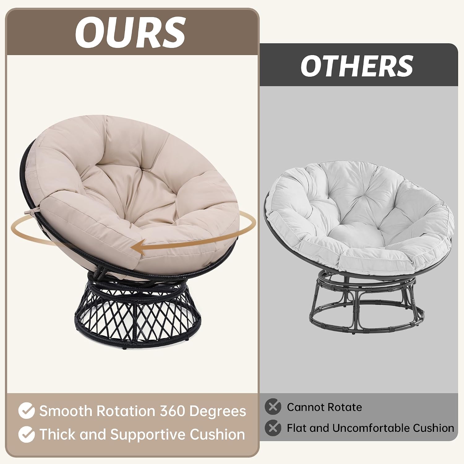 KROFEM 46' Giant Oversized Ergonomic Rattan Papasan Chair with Soft Thick Cushion for Adults, Fluid 360° Swivel, Waterproof, Black Frame with Beige Cushion