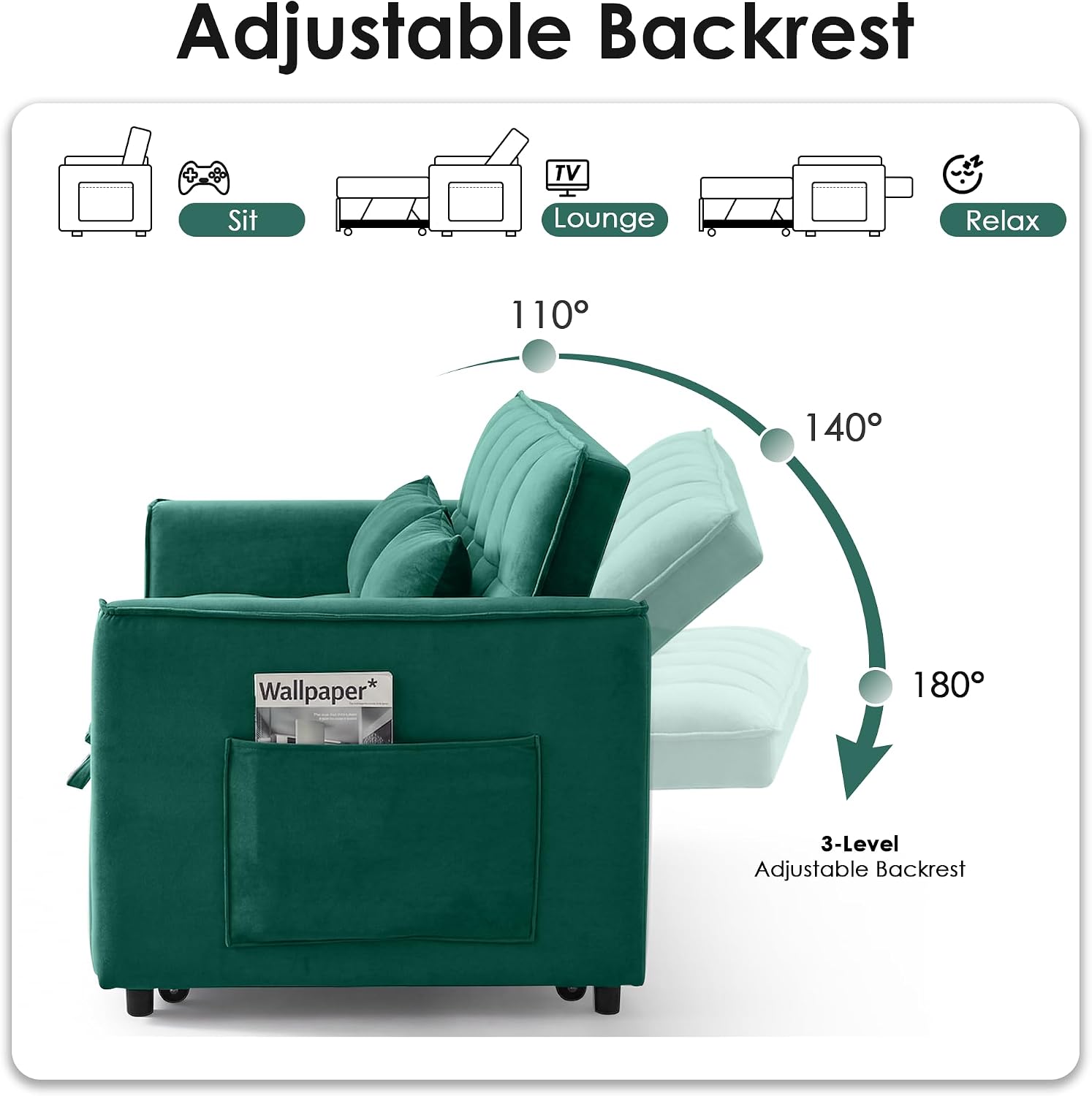 3 in 1 Convertible Sleeper Sofa Bed, 55' Pull Out Couches, Modern Loveseat Sleeper Sofa with Adjustable Reclining Backrest & Side Pockets for Living Room, Velvet Fabric, Green
