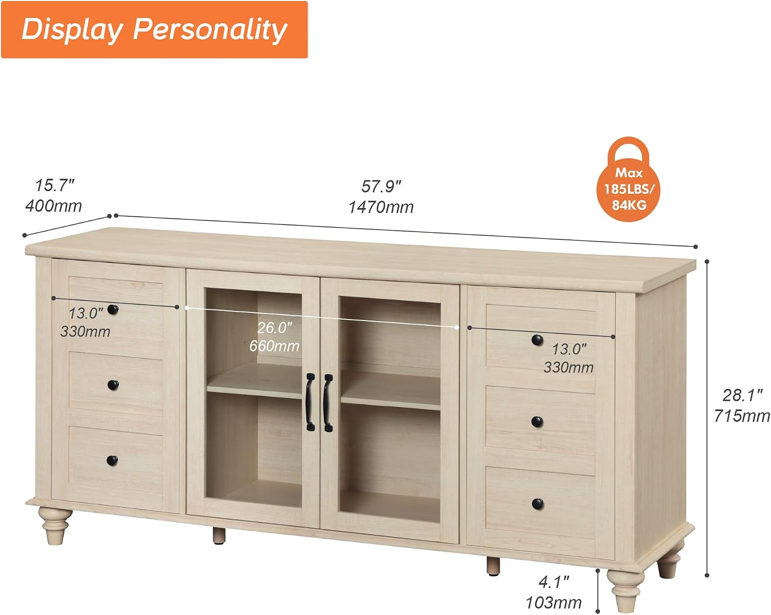 WAMPAT Glass Door TV Stand for TVs up to 75 inch, Wood TV Console Table with 4 Storage Cabinets, Farmhouse Television Stands for Living Room, 58 Inch, Beige