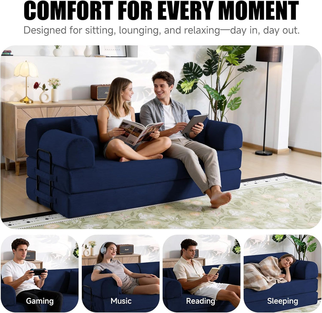 78.8' Memory Foam Boneless Couch, Corduroy Floor Sofa Bed, Convertible Sleeper Futon Loveseat, Wide Armrests & Back Support, Supports Up to 1200 lbs, Couch in a Box with 2 Pillows, Navy Blue
