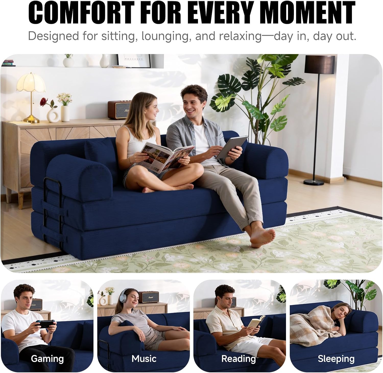 78.8' Memory Foam Boneless Couch, Corduroy Floor Sofa Bed, Convertible Sleeper Futon Loveseat, Wide Armrests & Back Support, Supports Up to 1200 lbs, Couch in a Box with 2 Pillows, Navy Blue