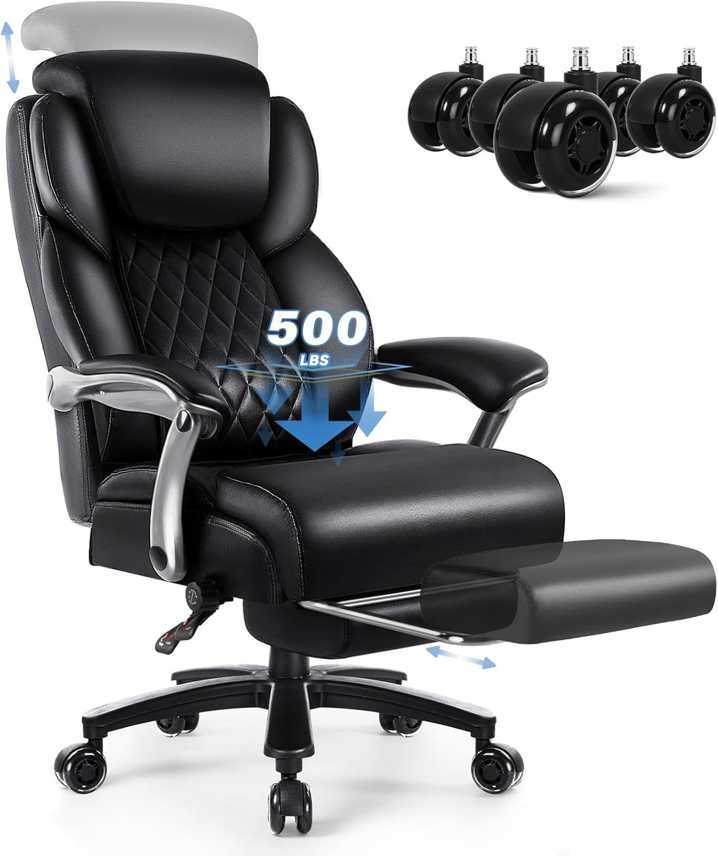 OFIKA 600lbs Big and Tall Office Chair with Foot Rest and Lifting Headrest,Large Heavy Duty Chair with Adjustable Lumber Support,Executive Office Chair,Leather Chair for Heavy People (Black)