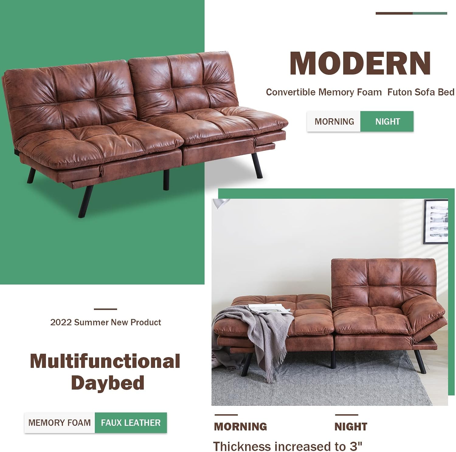 Vyfipt Futon Sofa Bed/Couch, Memory Foam Small Splitback Sofa for Living Room,Modern Loveseat with Covertible Armrests,Faux Leather/Cushion Thicker Version(Brown)