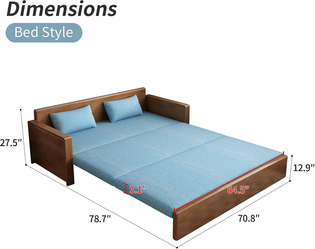 71'queen convertible sofa sleeper,blue cushion sectional sleeper sofa with reversible chaise,walnut color wood sofa bed 3 in 1 pull out couch bed,wooden couch for livingroom,apartment,bedroom,office