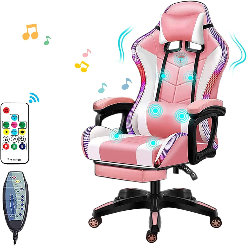 LED Pink Gaming Chairs for Adults with Speakers - Ergonomic Computer Chair with Full Massage, High Back Music Video Game Chair with Footrest and Lumbar Support, PU Leather Silla Gamer,Pink