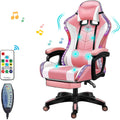 LED Pink Gaming Chairs for Adults with Speakers - Ergonomic Computer Chair with Full Massage, High Back Music Video Game Chair with Footrest and Lumbar Support, PU Leather Silla Gamer,Pink