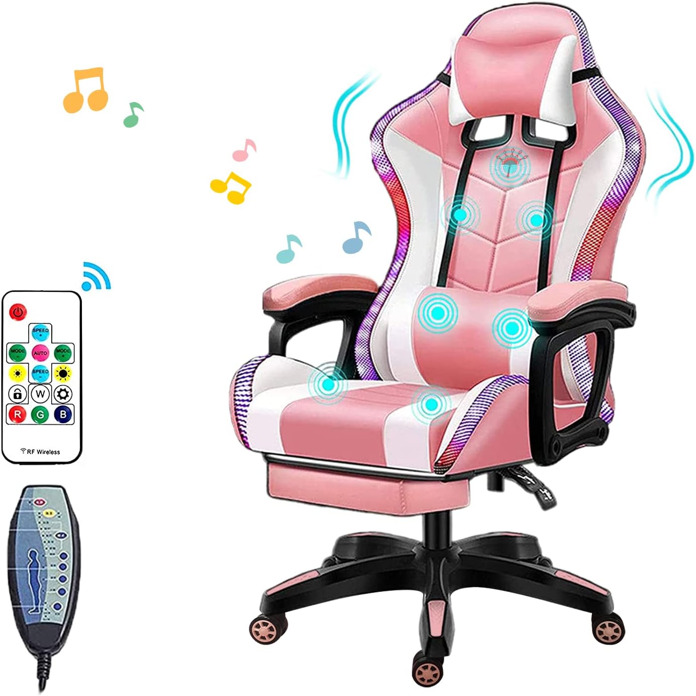LED Pink Gaming Chairs for Adults with Speakers - Ergonomic Computer Chair with Full Massage, High Back Music Video Game Chair with Footrest and Lumbar Support, PU Leather Silla Gamer,Pink
