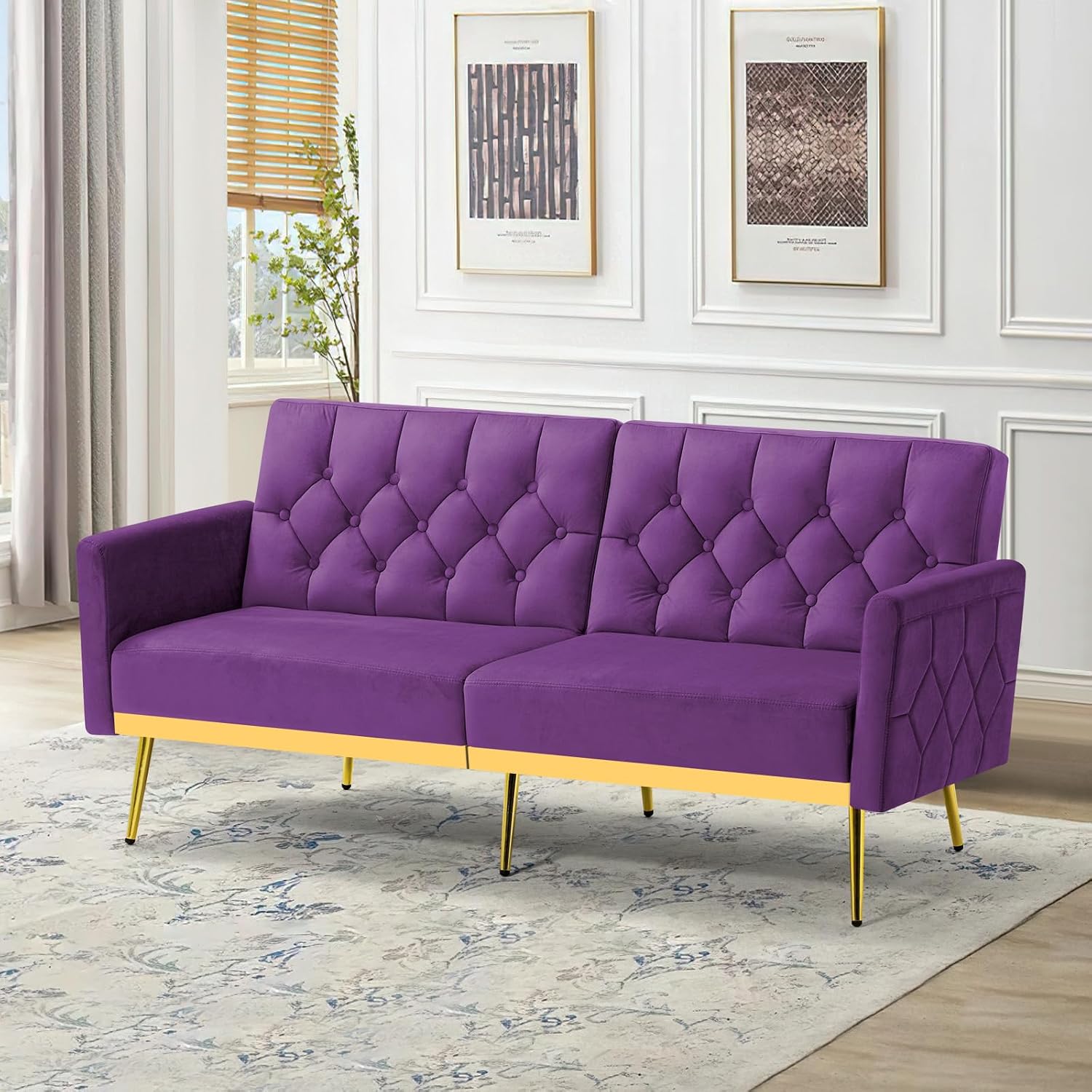 Velvet Sofa Bed w/Adjustable Armrests and Backrests, Modern Convertible Sleeper Sofa, Tufted Futon Sofa for Bedroom, Living Room, Apartment, Purple
