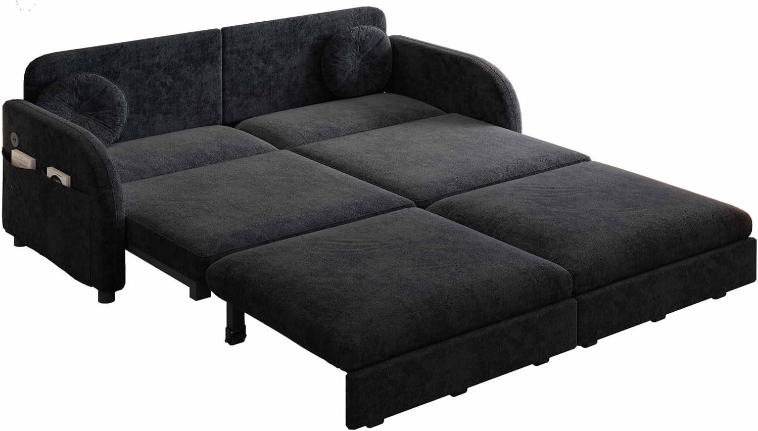 65.4'' Pull Out Couch Bed Queen Size, Chenille Sleeper Sofa Daybed, 3 in 1 Convertible Couches, Futon Sofa with 2 Pillows, Storage Pockets, USB, Loveseat for Small Spaces, Living Room, Black