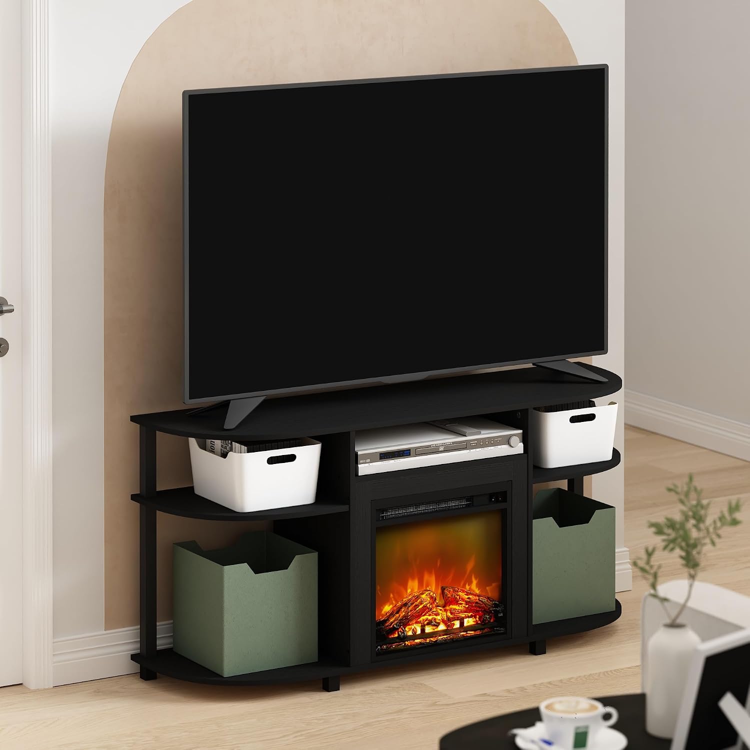 Furinno Jensen Fireplace TV Stand, Curved Entertainment Center, TV Console for TV up to 55 Inch with Fireplace and Open Storage, for Living Room, Bedroom, Americano