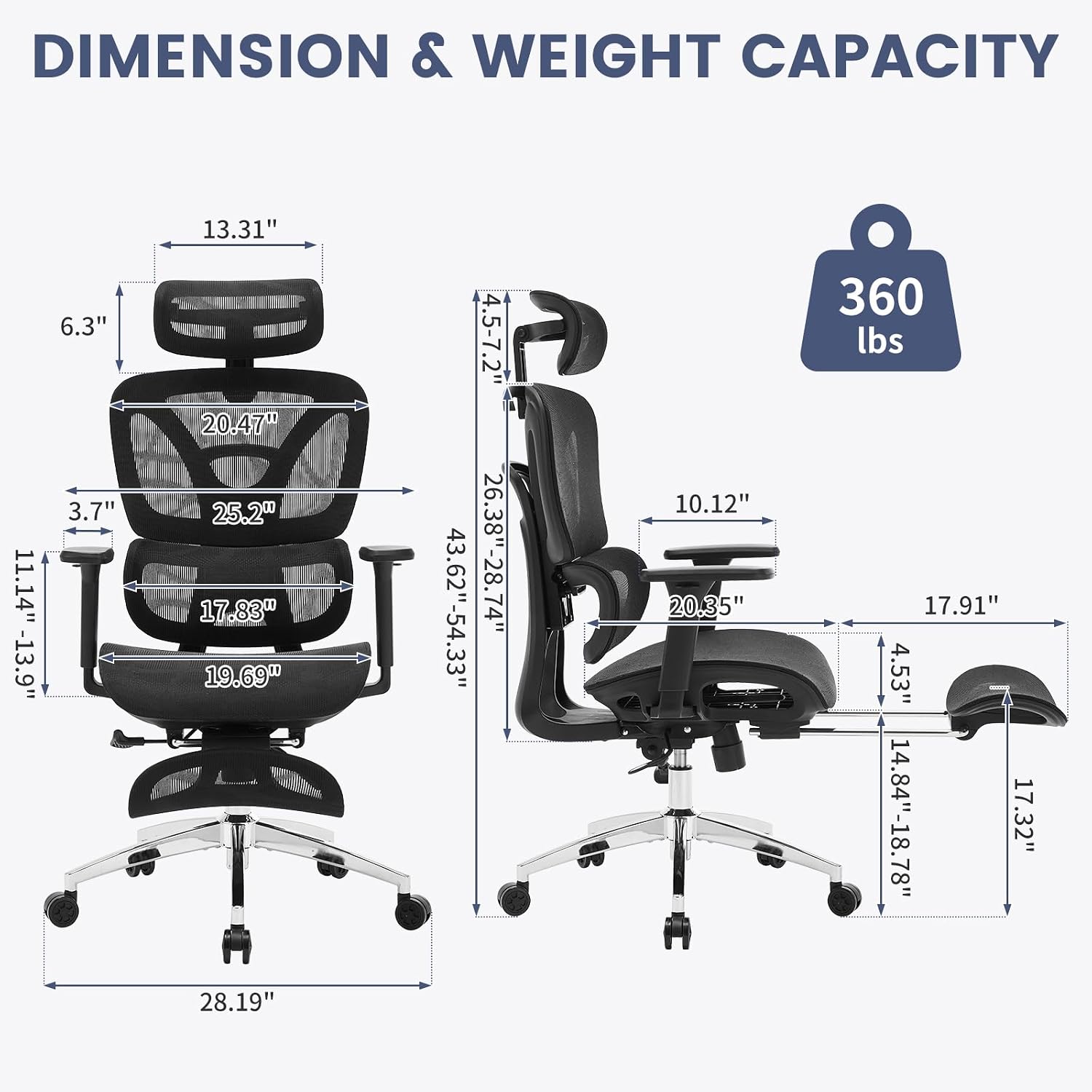 Ergonomic High Back Mesh Reclining Office Chair with Footrest, Dynamic Lumbar Support - Swivel Task Chair for Home & Gaming, Black