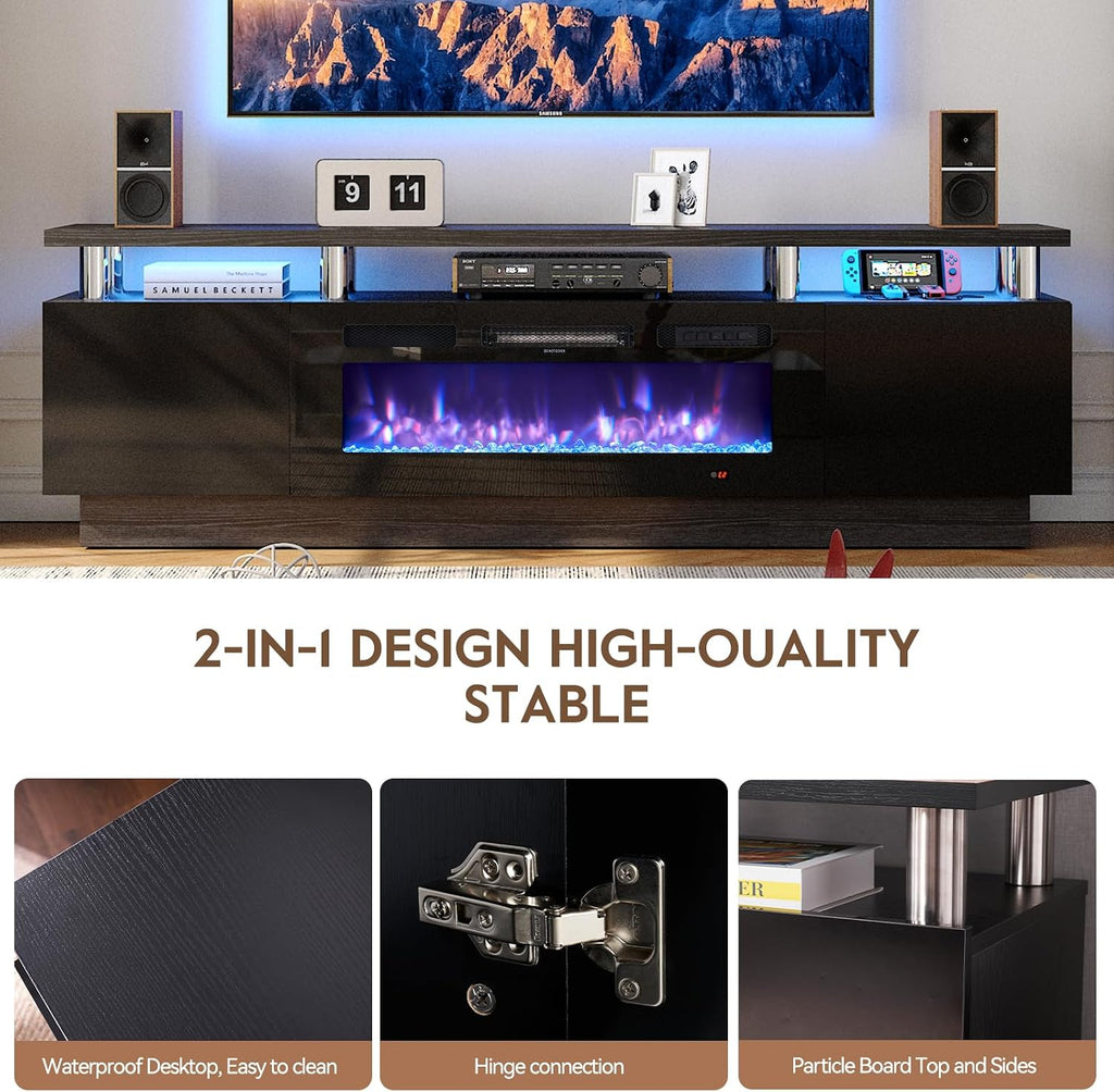 70' TV Stand for Living Room, Modern Entertainment Center & Media Console, Fits TVs up to 80', Storage Cabinet with Shelves, 36' Electric Fireplace with LED Flame (All Black)