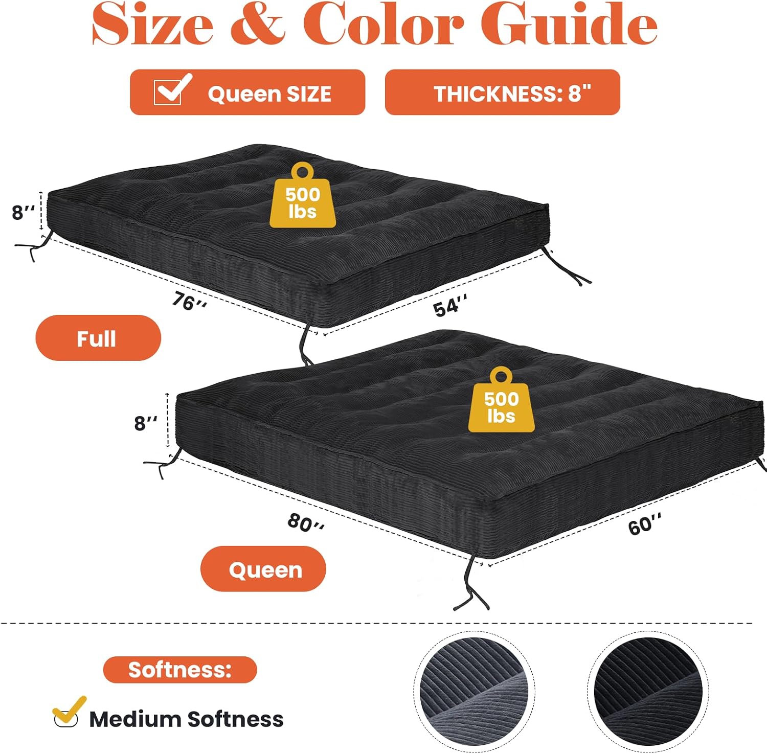 8' Futon Mattress Queen Size, Futons Sofa Bed Sleeper Couch Bed, Folding Mattress with Shredded Foam & 2 Straps, Futon Floor Mattress for Living Room & Guest Room, Corduroy (Frame Not Included)