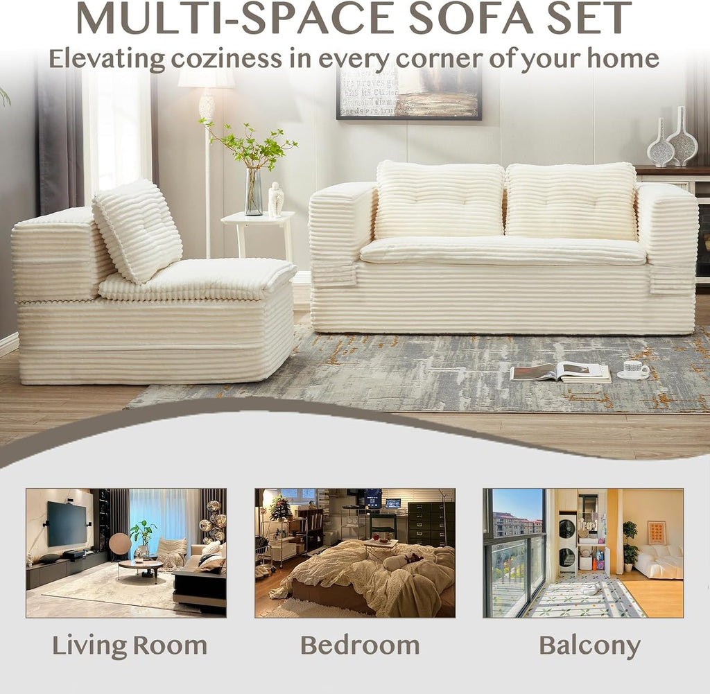 80'' Futon Sofa Bed, King Size Foldable Sleeper Sofa, Corduroy Boneless Loveseat Couch with Chaise Lounge, 3 Pillows, Blanket, Upholstered Sectional Couches for Living Room, Bedroom, Beige