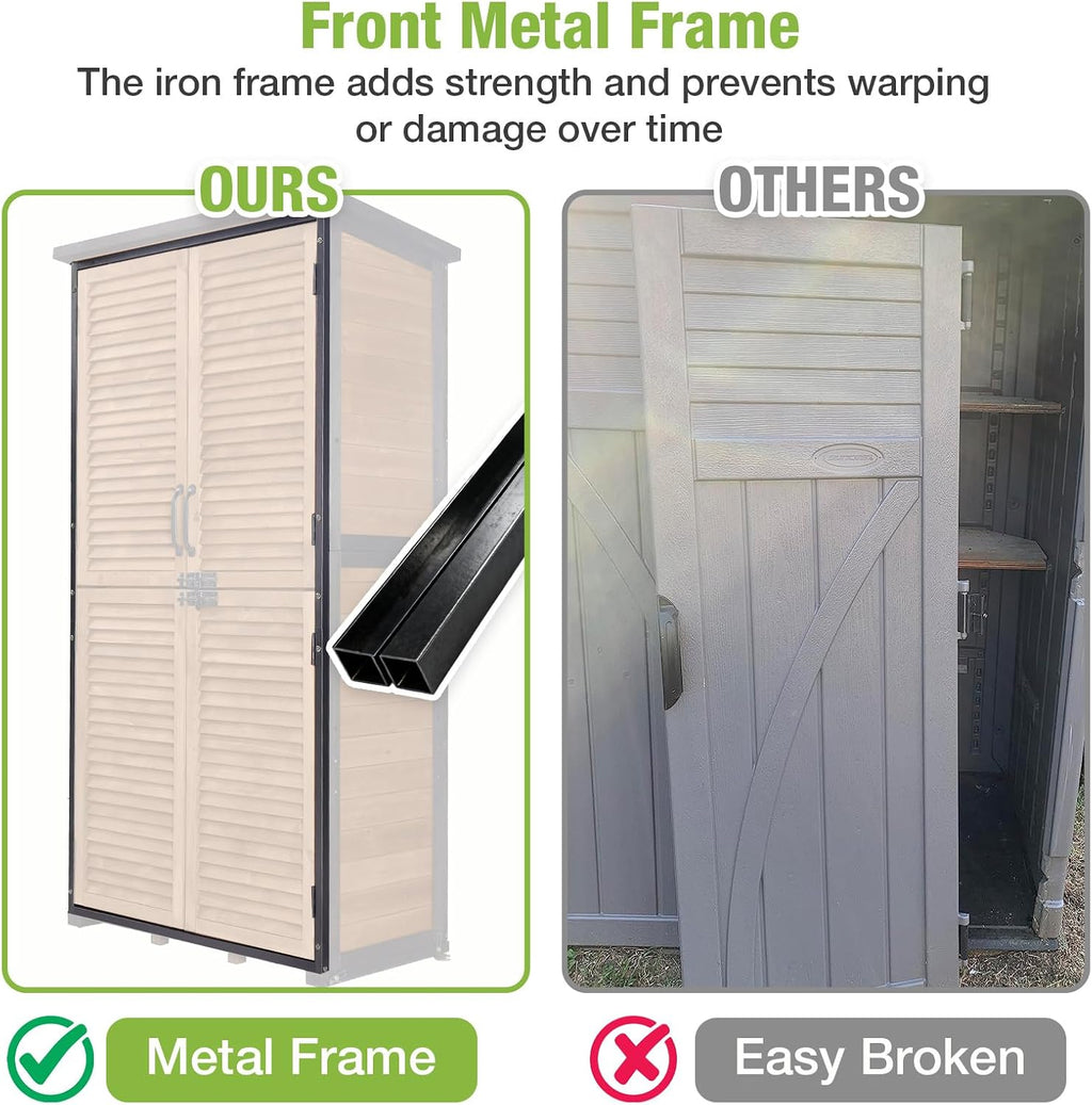 GUTINNEEN Outdoor Storage Cabinet Waterproof Metal Frame Wooden Storage Sheds Outdoor with Floor 4 Lockable Doors, 2 Adjustable Shelves, Garden Tool Shed for Patio Porch Backyard Lawn 63'