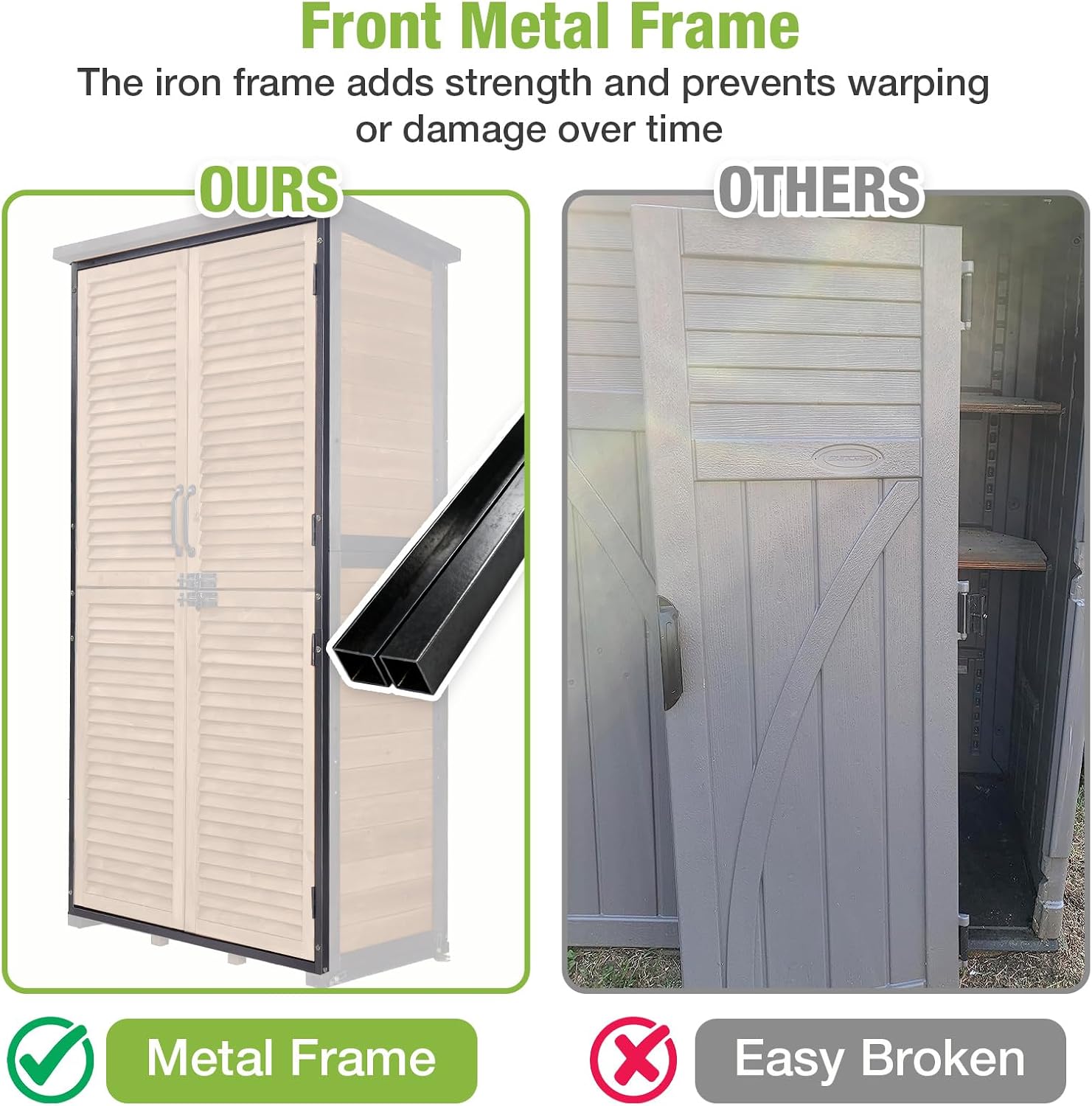 GUTINNEEN Outdoor Storage Cabinet Waterproof Metal Frame Wooden Storage Sheds Outdoor with Floor 4 Lockable Doors, 2 Adjustable Shelves, Garden Tool Shed for Patio Porch Backyard Lawn 63'